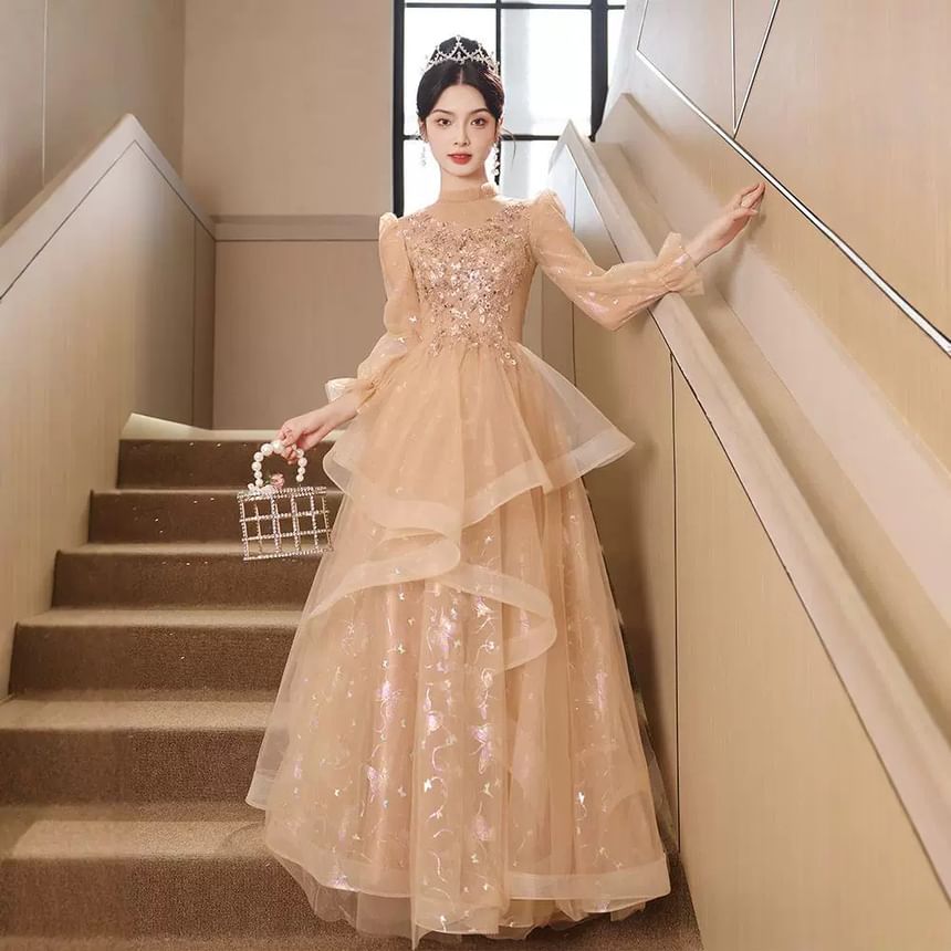 A-Line Evening Print Ruffle Butterfly Gown Sequin Puff-Sleeve