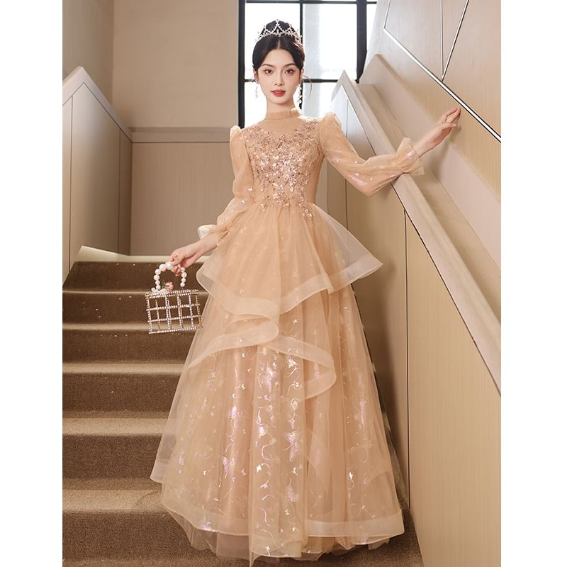 A-Line Evening Print Ruffle Butterfly Gown Sequin Puff-Sleeve