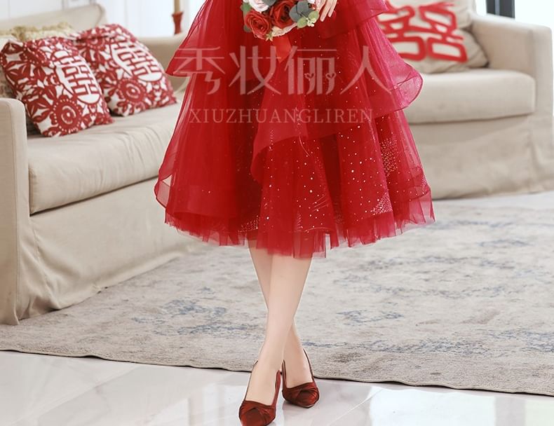Short-Sleeve Sequin Beaded A-Line Cocktail Dress