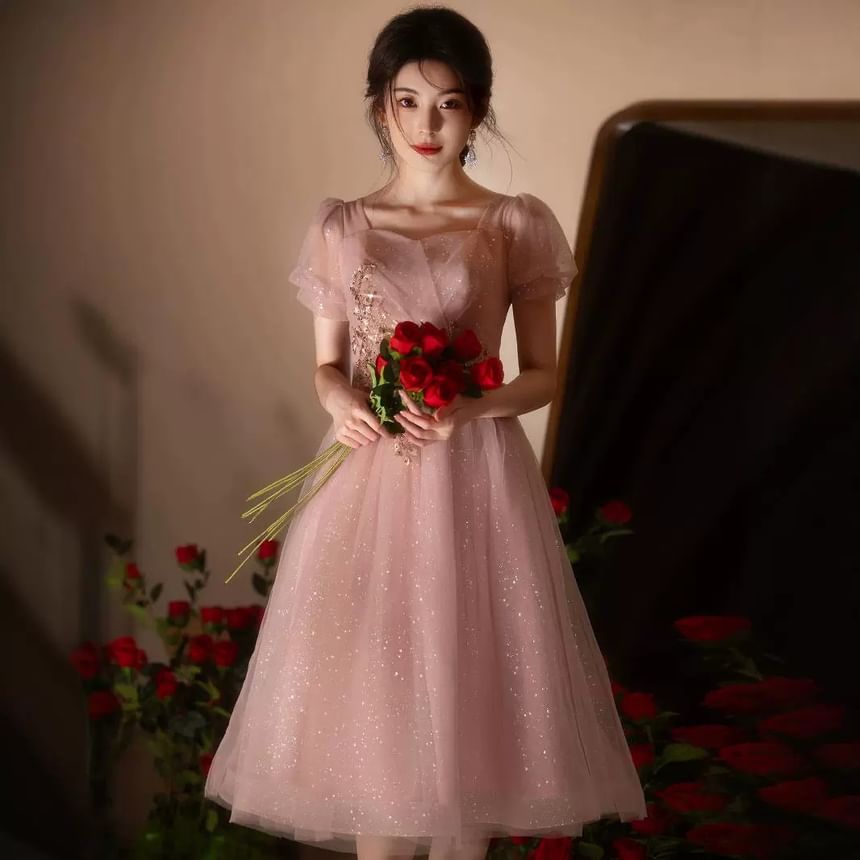Puff-Sleeve Square Neck Sequin A-Line Cocktail Dress