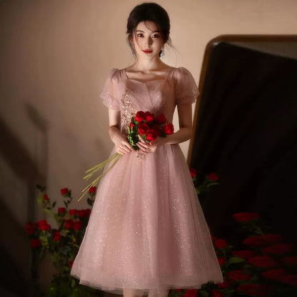 Puff-Sleeve Square Neck Sequin A-Line Cocktail Dress