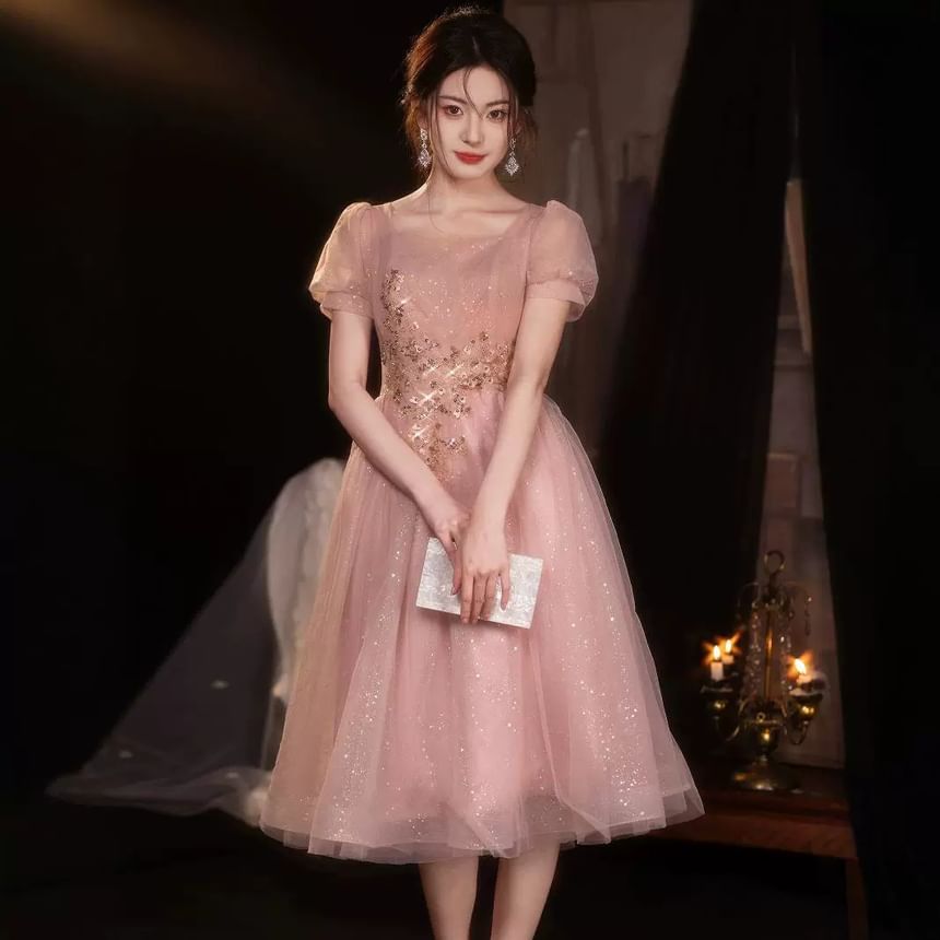 Puff-Sleeve Square Neck Sequin A-Line Cocktail Dress