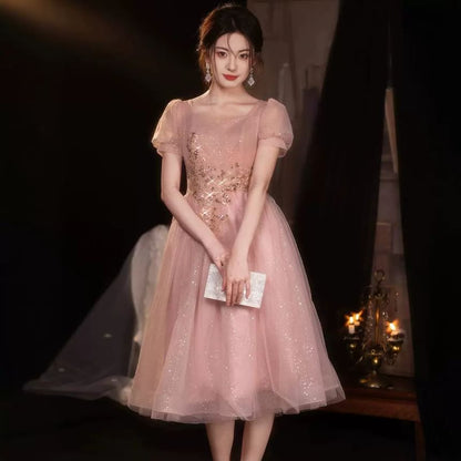 Puff-Sleeve Square Neck Sequin A-Line Cocktail Dress