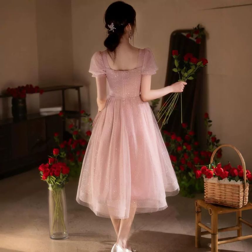 Puff-Sleeve Square Neck Sequin A-Line Cocktail Dress