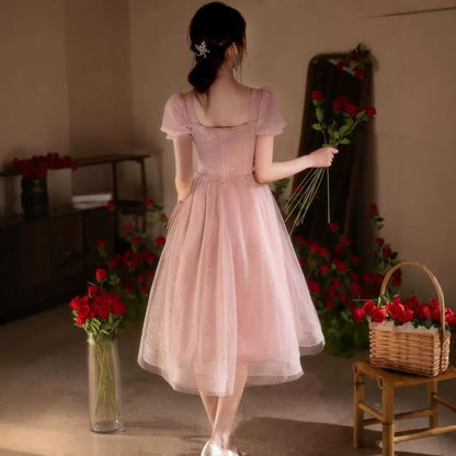Puff-Sleeve Square Neck Sequin A-Line Cocktail Dress