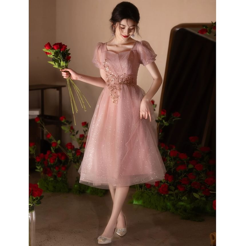 Puff-Sleeve Square Neck Sequin A-Line Cocktail Dress