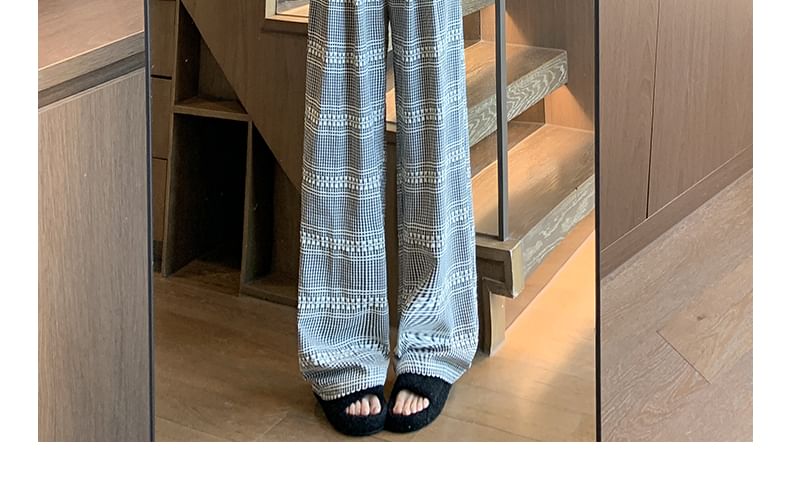 Embroidered Plaid High Waist Wide Leg Drape Pants