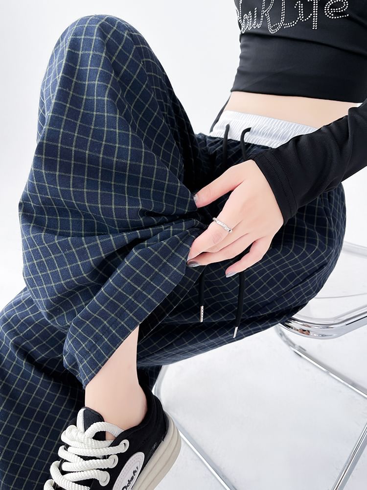 Plaid Panel High Waist Drawstring Wide Leg Pants