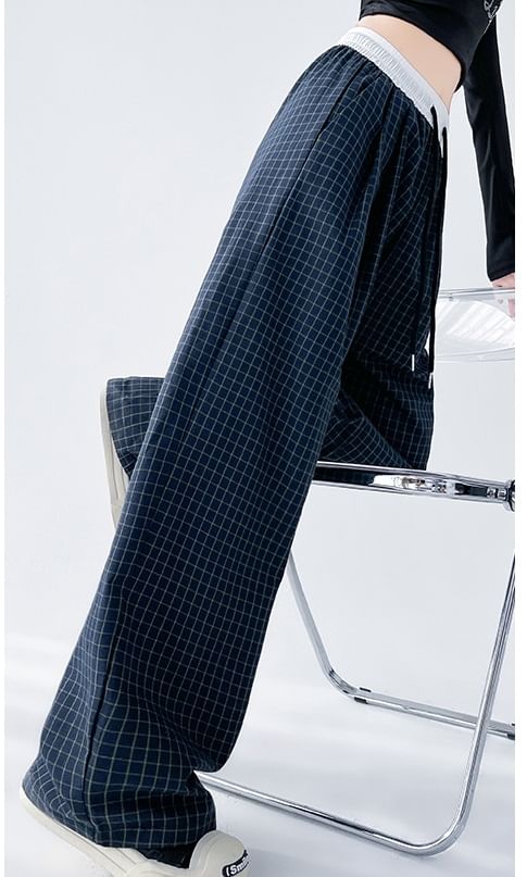 Plaid Panel High Waist Drawstring Wide Leg Pants