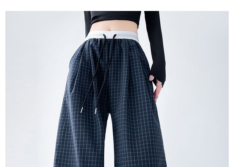 Plaid Panel High Waist Drawstring Wide Leg Pants