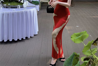 Ärmelloses, figurbetontes Maxikleid mit U-Ausschnitt und Bindeband