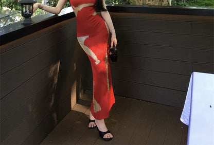 Ärmelloses, figurbetontes Maxikleid mit U-Ausschnitt und Bindeband