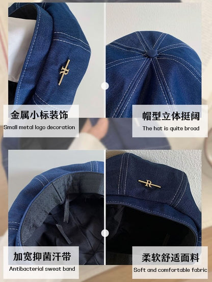 Lettering Denim Beret Hat