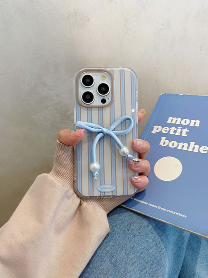 Striped Phone Case / Faux Pearl Bow Adhesive Decoration / Set