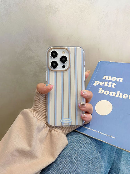 Striped Phone Case / Faux Pearl Bow Adhesive Decoration / Set