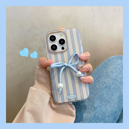 Striped Phone Case / Faux Pearl Bow Adhesive Decoration / Set