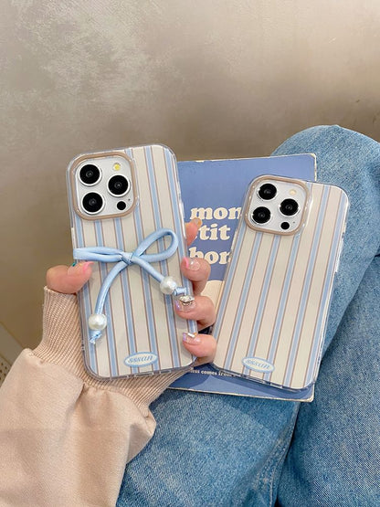 Striped Phone Case / Faux Pearl Bow Adhesive Decoration / Set