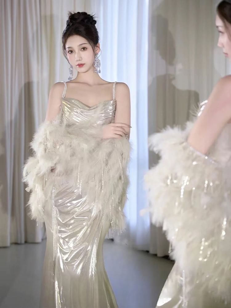 Gown A-Line Neck Plain Cowl Strap Spaghetti Evening