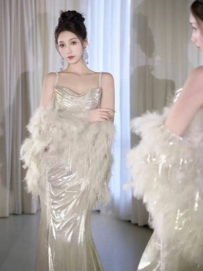 Gown A-Line Neck Plain Cowl Strap Spaghetti Evening