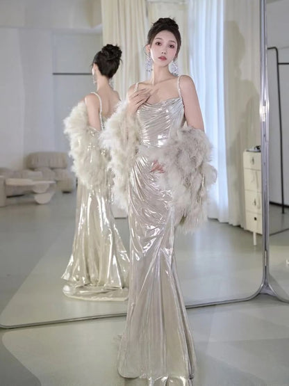 Gown A-Line Neck Plain Cowl Strap Spaghetti Evening