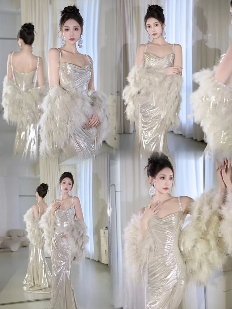 Gown A-Line Neck Plain Cowl Strap Spaghetti Evening