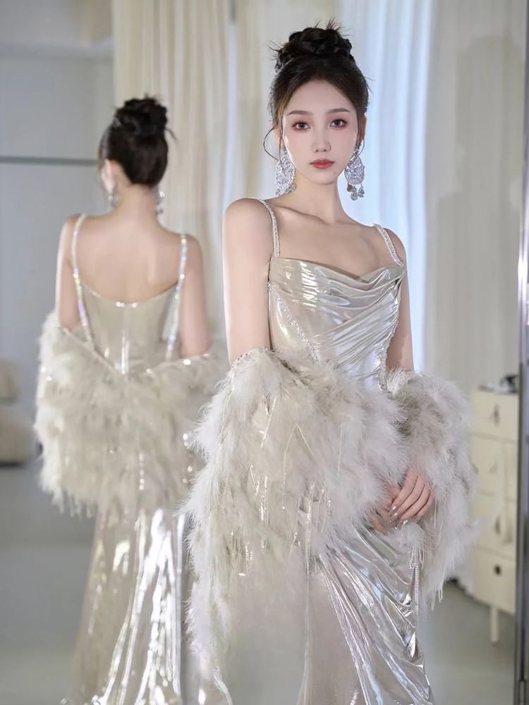 Gown A-Line Neck Plain Cowl Strap Spaghetti Evening