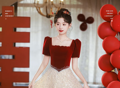 Sequin Neck Short-Sleeve Square A-Line Evening Gown Panel