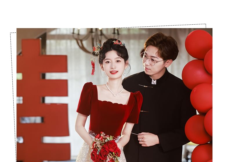 Sequin Neck Short-Sleeve Square A-Line Evening Gown Panel