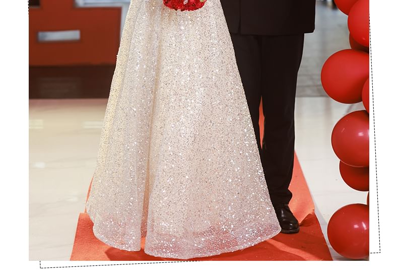 Sequin Neck Short-Sleeve Square A-Line Evening Gown Panel