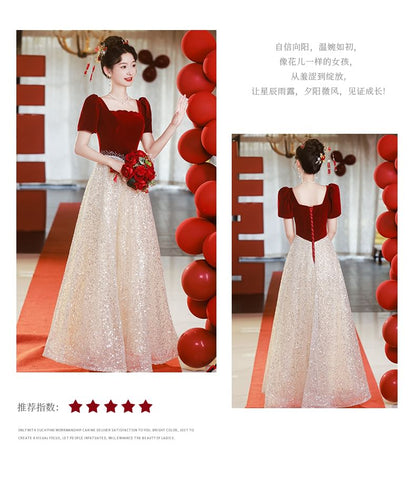 Sequin Neck Short-Sleeve Square A-Line Evening Gown Panel