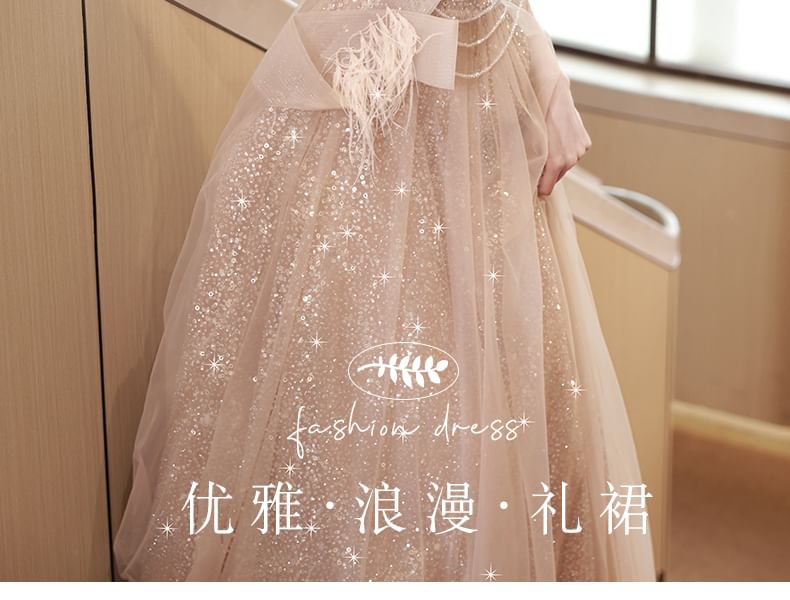 Mesh Off-Shoulder Fringed Sleeveless Evening Sequin Gown A-Line