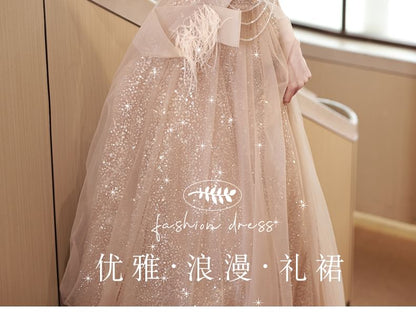 Mesh Off-Shoulder Fringed Sleeveless Evening Sequin Gown A-Line