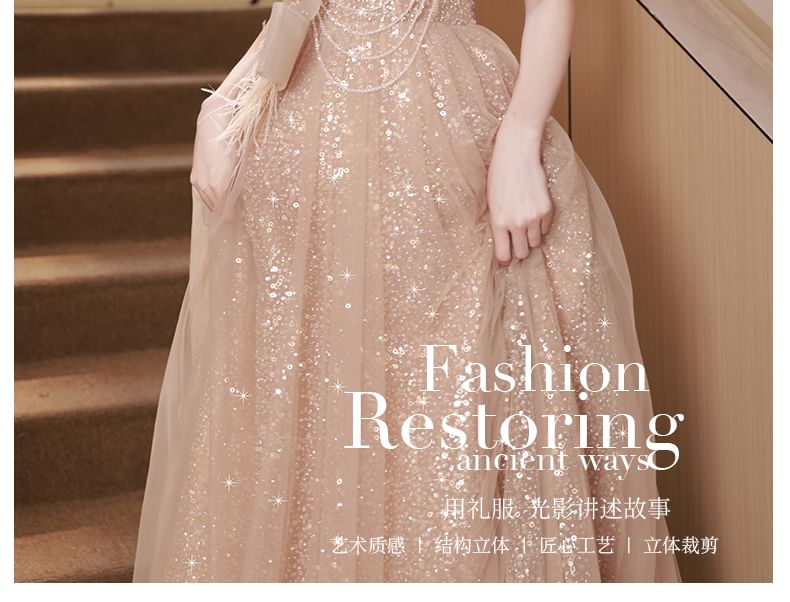 Mesh Off-Shoulder Fringed Sleeveless Evening Sequin Gown A-Line