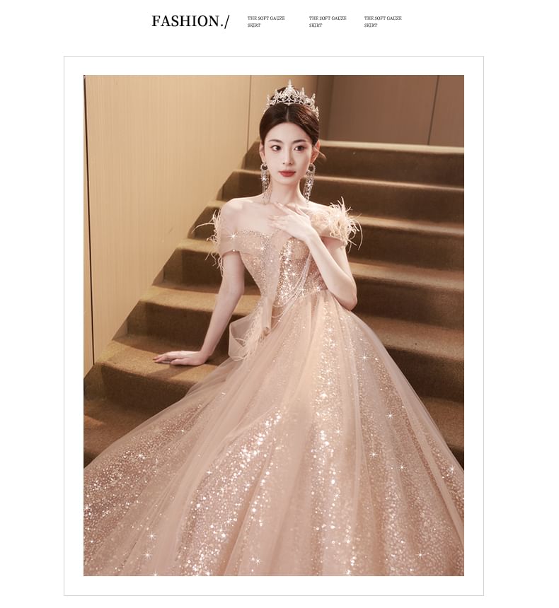 Mesh Off-Shoulder Fringed Sleeveless Evening Sequin Gown A-Line