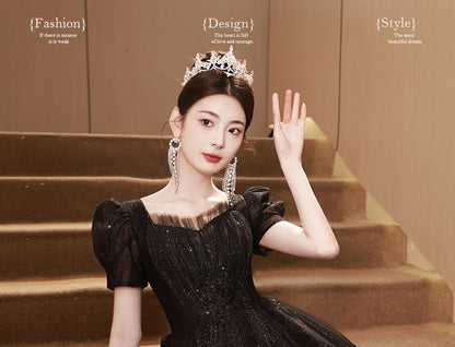 A-Line Gown Plain Evening Short-Sleeve Sequin