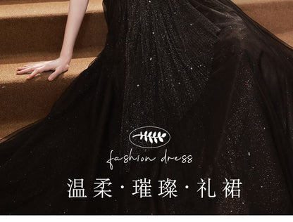Short-Sleeve Plain Sequin A-Line Evening Gown