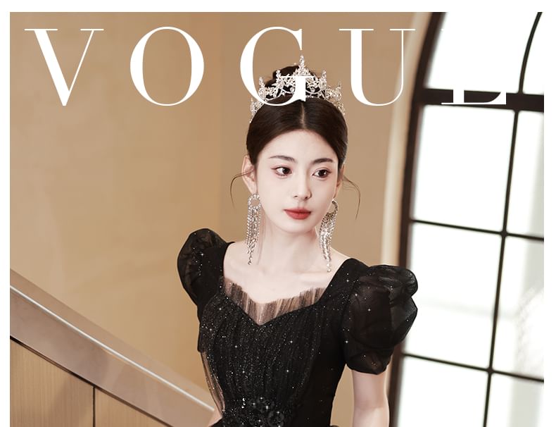 A-Line Gown Plain Evening Short-Sleeve Sequin