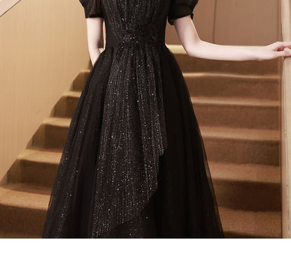 Short-Sleeve Plain Sequin A-Line Evening Gown