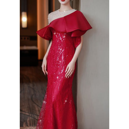 Beaded Trim Gown Sequin Short-Sleeve Mermaid Evening Ruffle