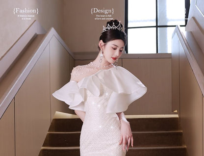 Beaded Trim Gown Sequin Short-Sleeve Mermaid Evening Ruffle