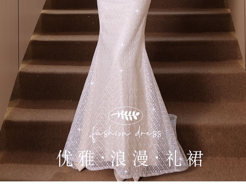 Beaded Trim Gown Sequin Short-Sleeve Mermaid Evening Ruffle