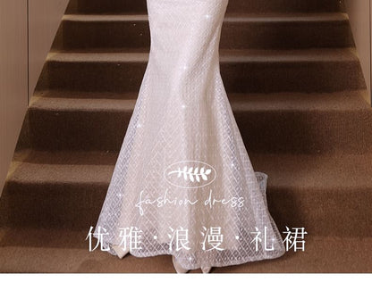 Short-Sleeve Ruffle Trim Beaded Sequin Mermaid Evening Gown