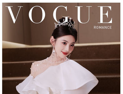 Beaded Trim Gown Sequin Short-Sleeve Mermaid Evening Ruffle