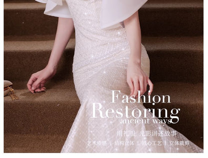 Beaded Trim Gown Sequin Short-Sleeve Mermaid Evening Ruffle