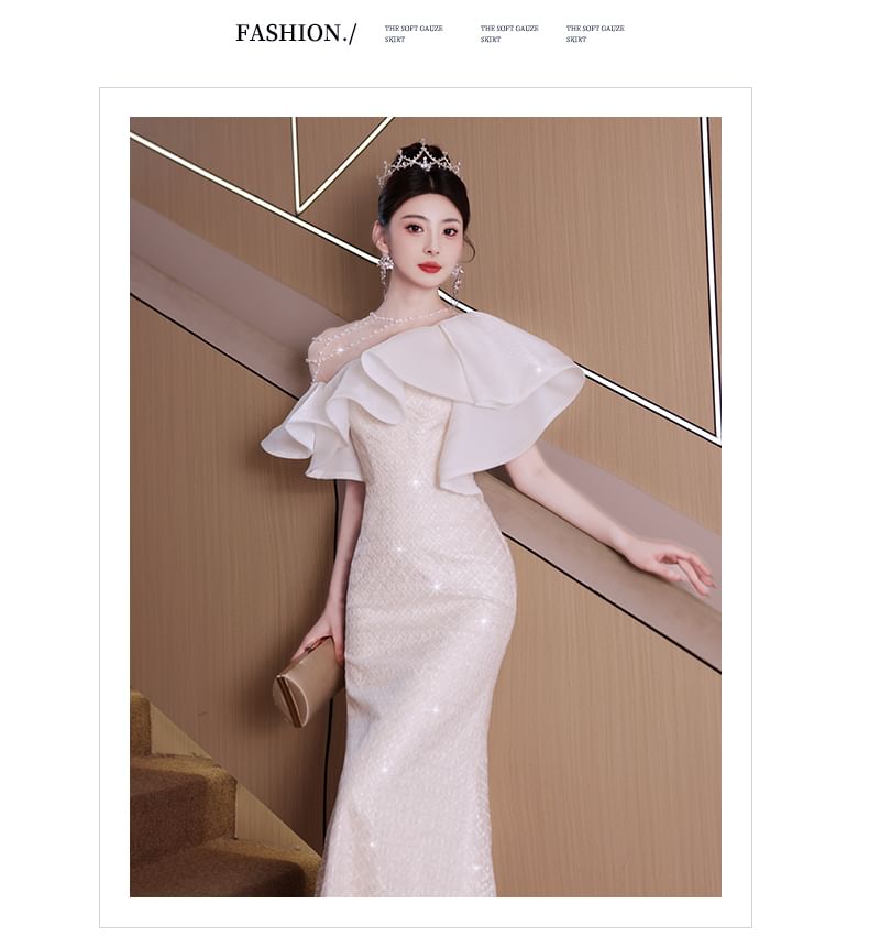 Beaded Trim Gown Sequin Short-Sleeve Mermaid Evening Ruffle