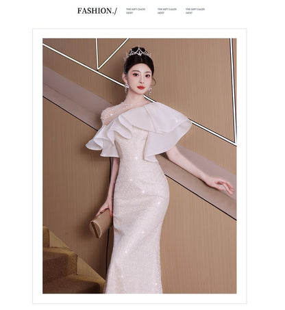 Beaded Trim Gown Sequin Short-Sleeve Mermaid Evening Ruffle