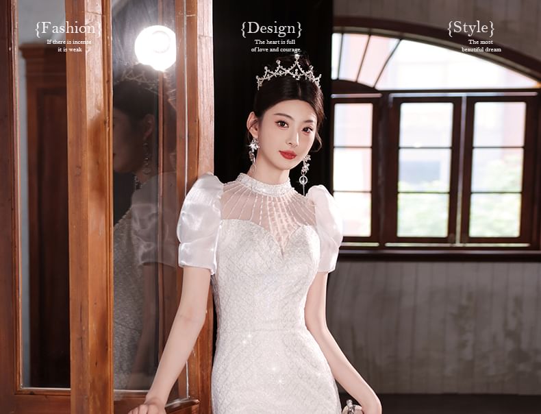 Sequin Beaded Short-Sleeve Wedding Gown Mermaid