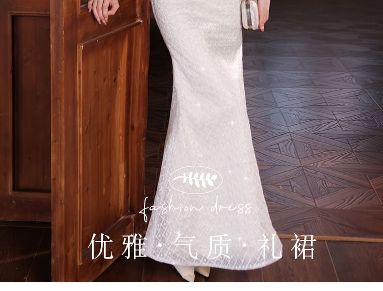 Short-Sleeve Beaded Sequin Mermaid Wedding Gown