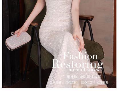 Short-Sleeve Beaded Sequin Mermaid Wedding Gown