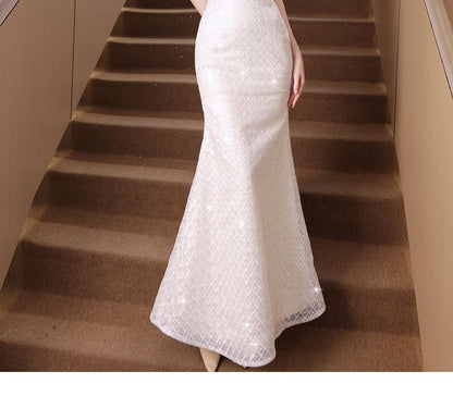 Short-Sleeve Beaded Sequin Mermaid Wedding Gown